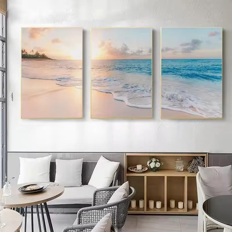 Peinture sur toile moderne UKIXOM triptyque marin avec cadres intérieurs