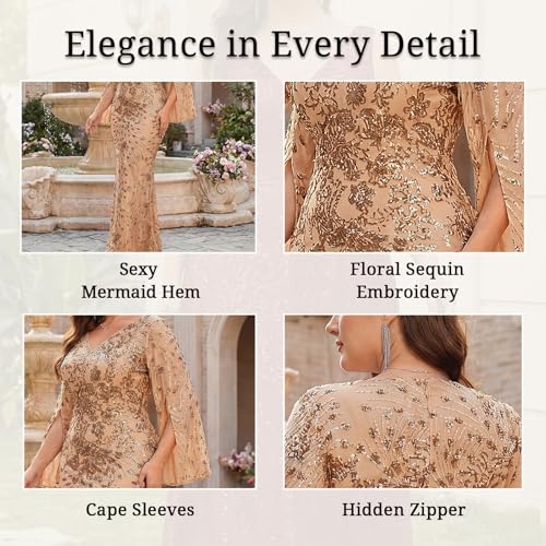 Image of Plus Size Formal Dresses for Women with Embroidery Sequin and Cape Sleeve, V-Neck Maxi Dress for Wedding and Party