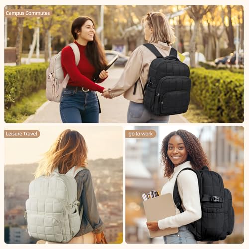 Image of CLUCI 17.3 Inch Laptop Backpack for Women, Anti Theft Travel Backpack, Puffer Quilted Work Backpack, Water Resistant College Bookbag, Carry on backpack with RFID (Black)