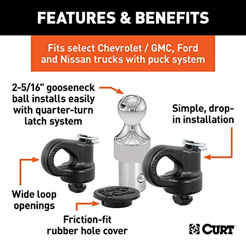 CURT 60639 Puck System Gooseneck Hitch Kit, Fits Select Chevy, Ford, GMC, Nissan Trucks, 38,000 lbs. GTW, 2-5/16-Inch Ball, Pucks Required
