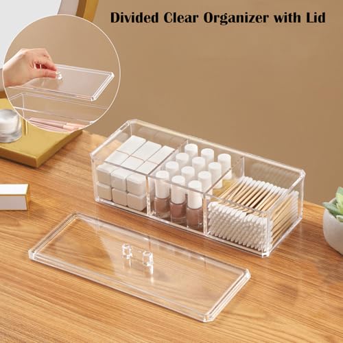 Image of Qtip Holder Dispenser 3 Compartments Cotton Ball Swab Holder with Lid Clear Bathroom Dresser Organizer Tea Bag Holder Acrylic Organizer for Cotton Ball and Swab, Round Pads, Hair Accessories
