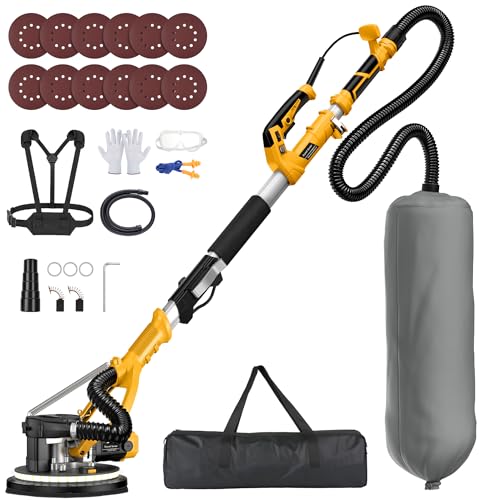 MAKELIFT Drywall Sander with Vacuum Dust Collector 880W 7.33A Popcorn Ceiling Removal Tool LED Light 5 Variable Speed 1000-2100RPM Foldable & Extendable Handle 12 Sanding Discs