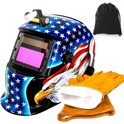 Image of WR01A Welding Helmet Auto Darkening with LED Light True Color Solar Powered Welder Hood with Adjustable Shade Range 4 /9-13 for Mig Tig Arc Welding Mask (Star-Spangled Eagle)