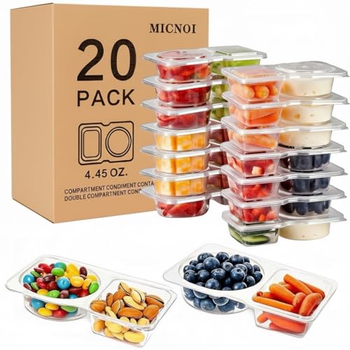 Image of MICNOI Snack Pack Containers, Reusable 2 Compartment Condiment Containers with Lids, Ideal for On-the-Go Mini Sauce Boxes & Snack Prep Containers for Kids and Adults, BPA-Free
