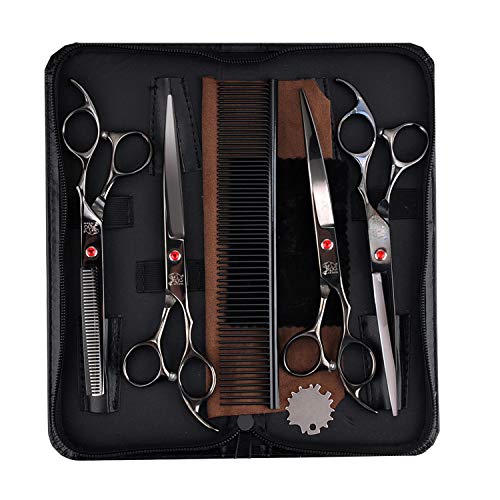 Dog Grooming Scissors Set- Stainless Steel Pet Grooming Kit 7 Inch Thinning Straight Curved Shears with Grooming Comb Perfect for Pet Groomer or Family DIY Use for dog cat and more pets