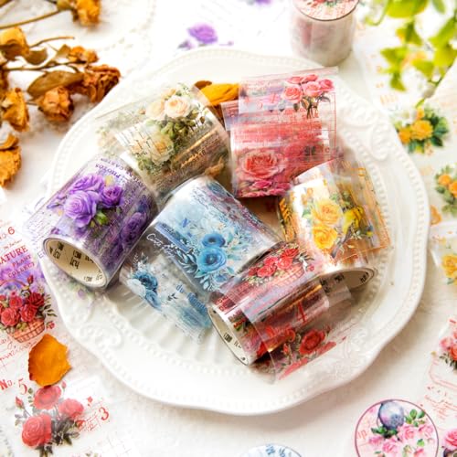 Alideco 6個 マスキングテープ かわいいロ花 植物 葉 透明な耐水性 インク50mm幅×2m巻 PET 粘着 テープ 広幅 DIY おしゃれ マステ シール (meiguideshuqingshi)