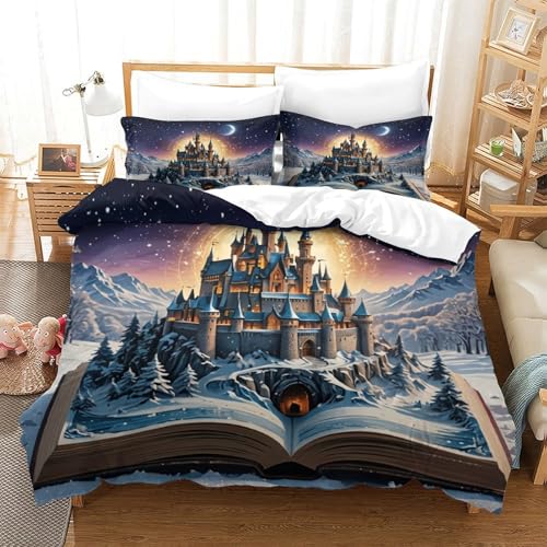 XPASHIQWC Fortezza magico Set Di Biancheria Da Letto in Microfibra Libro di favole Stampato in 3D Copripiumino Con Chiusura A Zip Ideale Per Bambini E Adolescenti Single（135x200cm）