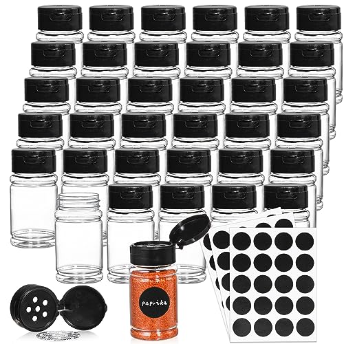 Tosnail 36 Pack 2.7 Oz Small Plastic Spice Bottles with Black Shaker Lids and Labels Empty Plastic Jars with Lids Seasoning Shaker Containers for Travel Camping Glitter Gift Party Favors - Clear