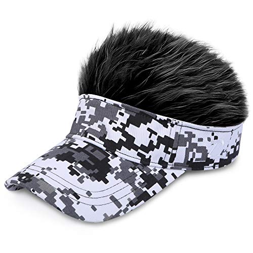 【 フサフサ 髪の毛 フレア バイザー 】(DOLCE LUCCI) フレアー ウィッグ 付 ヘアー ハゲ かつら サンバイザー ゴルフ 釣り アウトドア ジョークグッズ (デジカモホワイト(ロゴ)×ブラック)