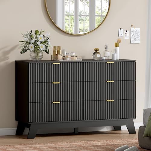 Image of Wodeer 6 Drawer Fluted Dresser for Bedroom, Mid Century Modern Dresser with 6 Drawers, Dressers & Chests of Drawers with Metal Handle, TV Stand & Storage Organizer for Entryway, Hallway, Black