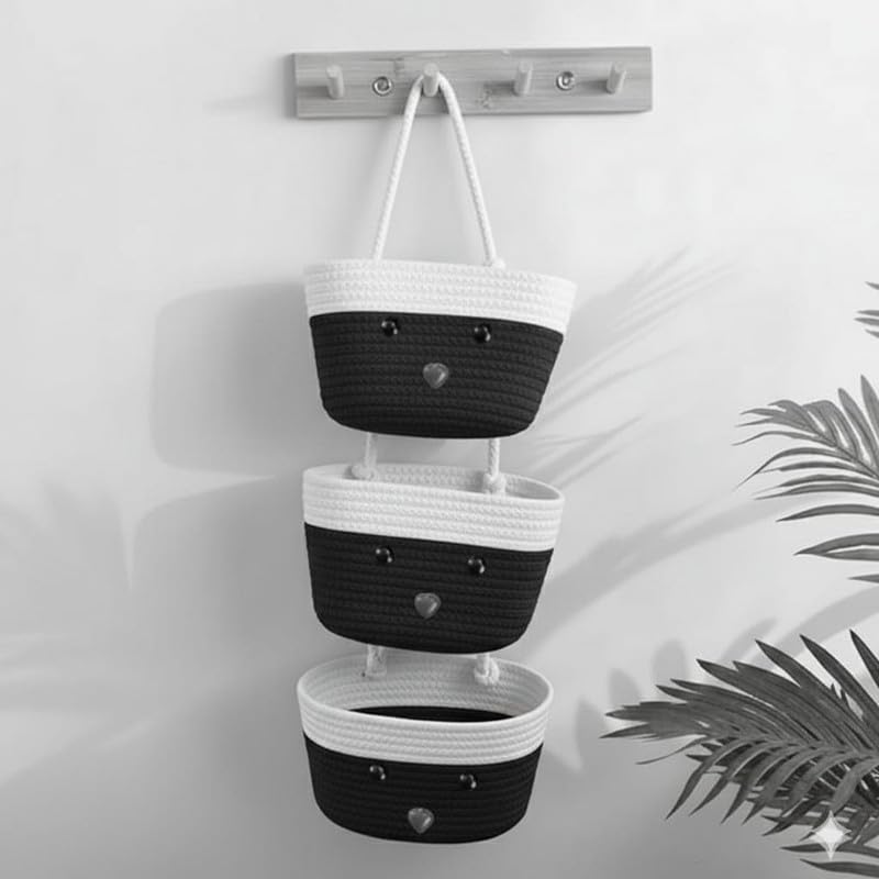 3 Tier Smiley Smiley Hanging Storage Basket Set – Cotton Rope Jute Plant Basket | Multi-Purpose Decorative Storage for Kitchen, Bathroom, Bedroom | Space Saving (Black & White, 3 Pieces-image-32