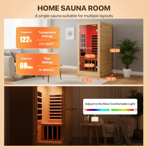 Image of OUTEXER Infrared Sauna Room Indoor Saunas Home Obeche Wood 900W Low-EMF Dry Saunas Single Person Spa with 7 Color Light 32.3 * 28.3 * 61.4 inch