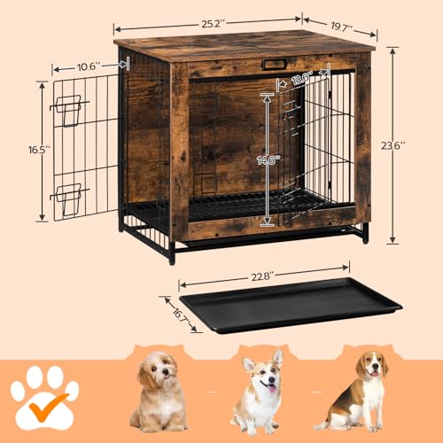 Dog Crate Furniture, 25.5" Small Dog Kennel Indoor, Wooden Cage with Pull-Out Tray, Double Doors Pet House Side End Table for Small/Medium Dogs, Rustic Brown BF642GW03G1 - Image 6