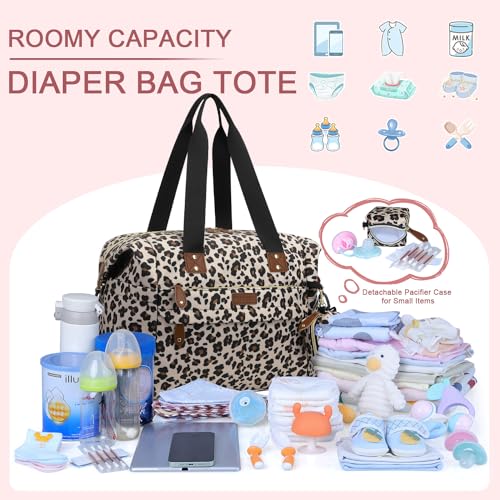 Image of Pritent Diaper Bag Tote - Diaper Baby Bags with Pacifier Case, Shoulder Straps, Stroller Clips, Waterproof Large Mommy Maternity Travel Baby Bag for Mom and Dad, Leopard Print
