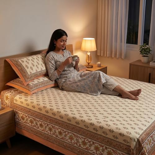 Image of Mafatlal 144 TC Heritage 100% Cotton Rajasthani Jaipuri Traditional Floral King Size Queen Bedsheet with 2 Pillow Covers (90x108 inches) - Copper Orange