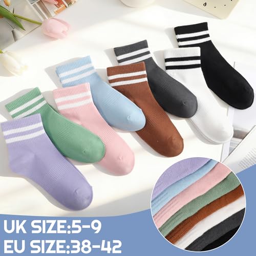 Image of Womens Crew Socks Striped Trim Casual Crew Socks Mid Calf Ankle Sock Vintage Retro Gym Running 6 /8 Pack