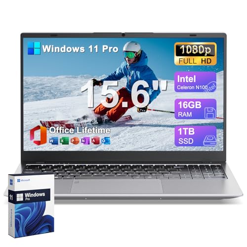 2025 Gina 15 15.6 Inch FHD Windows 11 Pro Laptop Computer for Home/School/Business, Intel 4-Core N100 up to 3.4GHz, 16GB DDR5 RAM, 1TB SSD, Free Office, Fingerprint, Numeric Keypad, Webcam, Type-C