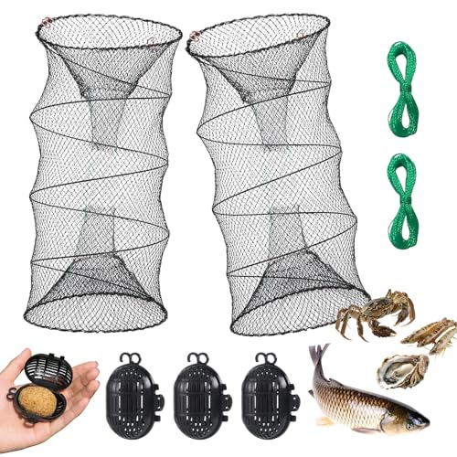 NEUSID Fischreuse Set 2 Stück Faltbar Krebsreuse mit 4 Futterbeutel 30x60cm Köderfische Aalreuse Rund Reuse Fisch für Angeln Krabben Garnelen Hummer Aal