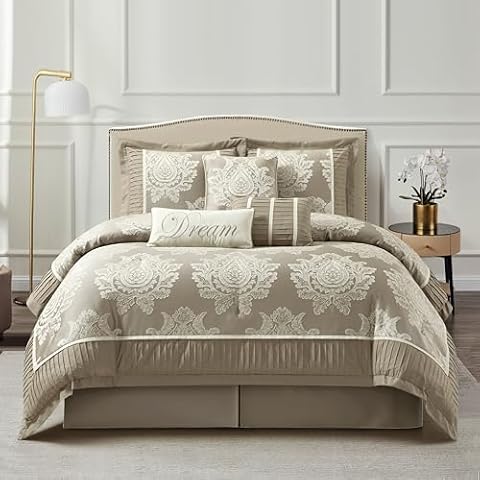 Stratford Park Beige Comforter Set King Size,7 Pieces Jacquard Bedding Set, All Season, Matching Bedskirt, Pillows & Shams Cover