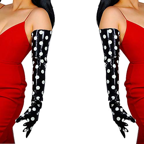 DooWay Polka Dots Gloves 70CM 27 inches Super Long Faux Patent Leather Shiny Wet Look Black with White Dots Opera Glove for Cosplay Fashion Costume