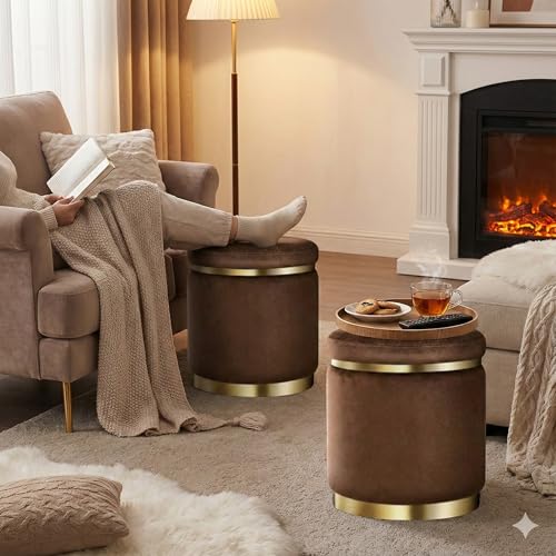 Image of AHAMNA Decorative Ottoman Pouffes for Sitting - Two-Piece Set of Puffy Stools and Footstools - Round Ottoman Stool for Living Room Furniture (Brown)