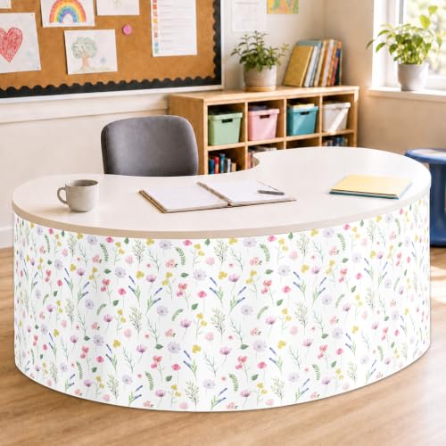 Image of 9FT Wildflower Table Skirt Floral Teacher Desk Skirt Colorful Classroom Table Cover for Back to School Decor Rectangle Tablecloth for Farm Birthday Party Decorations Home Office Bookcase Cabinet