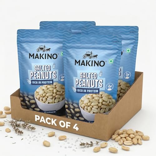 Image of Makino Salted roasted Peanuts,Pack of 4 (140g) Each - Crunchy Khari Sing, Groundnut | Only Roasted Not Fried, High in Protein, Gluten Free, Zero Cholesterol & Trans Fat, 100% Natural Gujarat Groundnuts