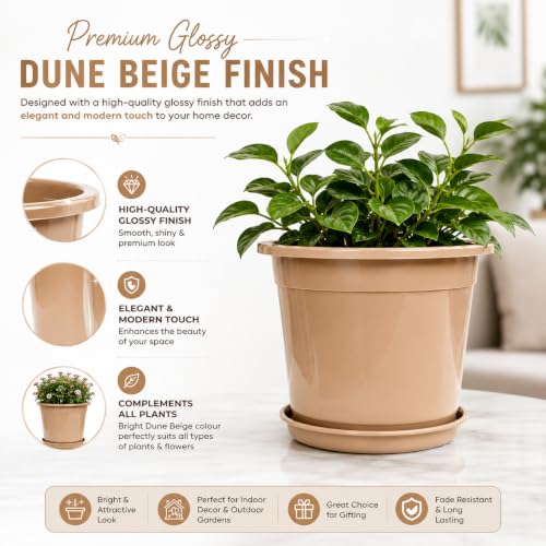 Image of 12 Inch Glossy Dune Beige Plastic Planter with Bottom Plate | Heavy Duty Flower Pot with Tray for Indoor Home Decor, Balcony, Living Room & Outdoor Garden (10 Pot, Dune Beige)