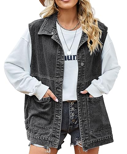 Image of PAODIKUAI Women's Oversized Denim Vest - Sleeveless Distressed Jean Vest with Pockets for Casual Layering