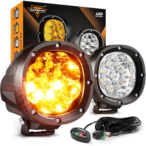 Auxbeam 6 Modes Amber White Round LED Pods, P4 Series 4 Inch 90W Flashing Offroad Strobe Lights, Dual Color Warning Off Road Fog Lights, 4x4 ATV Car Truck Spotlights, Pair P4 Series Amber Wh