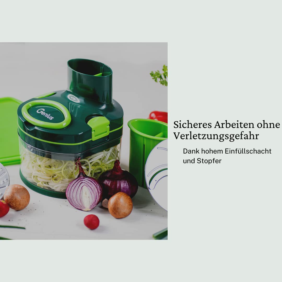 Genius Nicer Dicer Pegasus Gemüsezerkleinerer Deluxe-Set 20-tlg | Handzugdeckel | geringer Kraftaufwand | Gemüseschneider für schnelles & sicheres Arbeiten + Salatschleuder…, Grün