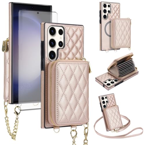 Étui magnétique S23 Ultra chic en simili cuir or rose avec protège-écran
