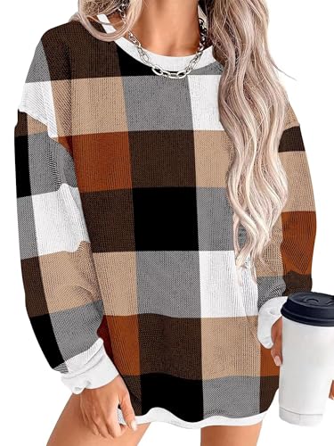KISSMODA Women's Casual Long Sleeve Sweatshirt Color Block/Solid Crewneck Corduroy Pullover Cute Tops