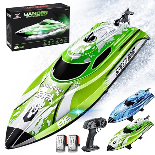 YESHIN RC Bateau 25 km/h, Bateau à Télécommande 2,4 GHz avec LED, 2 Batteries, Impermeable & Kentproof, Rappel de Surpression, Convient pour Piscine/Lacs,...