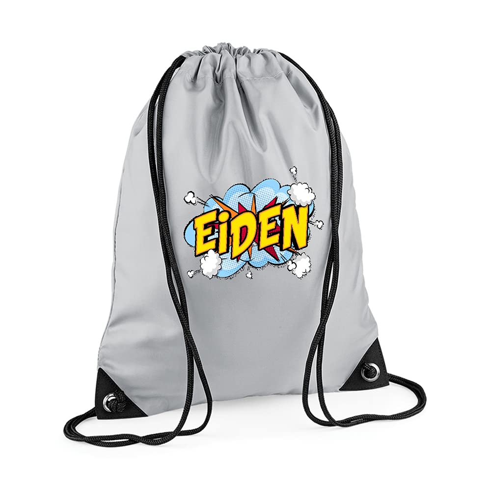 Getagift Personalised with Any Name Comic Pop Art Themed Gift for Children, Kids, Girls/Boys, Back to School, Premium Drawstring Bag, PE Gym Kit School, Swimming, PE Kids Sport Rucksack. (Light Grey)