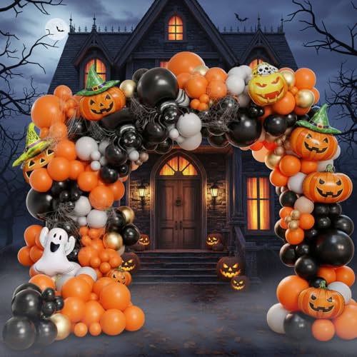 Image of Halloween Balloon Garland Arch Kit, 147Pcs DIY Haloween Party Supplies Latex Balloon with Spider Pumpkin Ghost Skeleton Boo Foil Balloon for Halloween Day Haunted House Theme Big Decorations