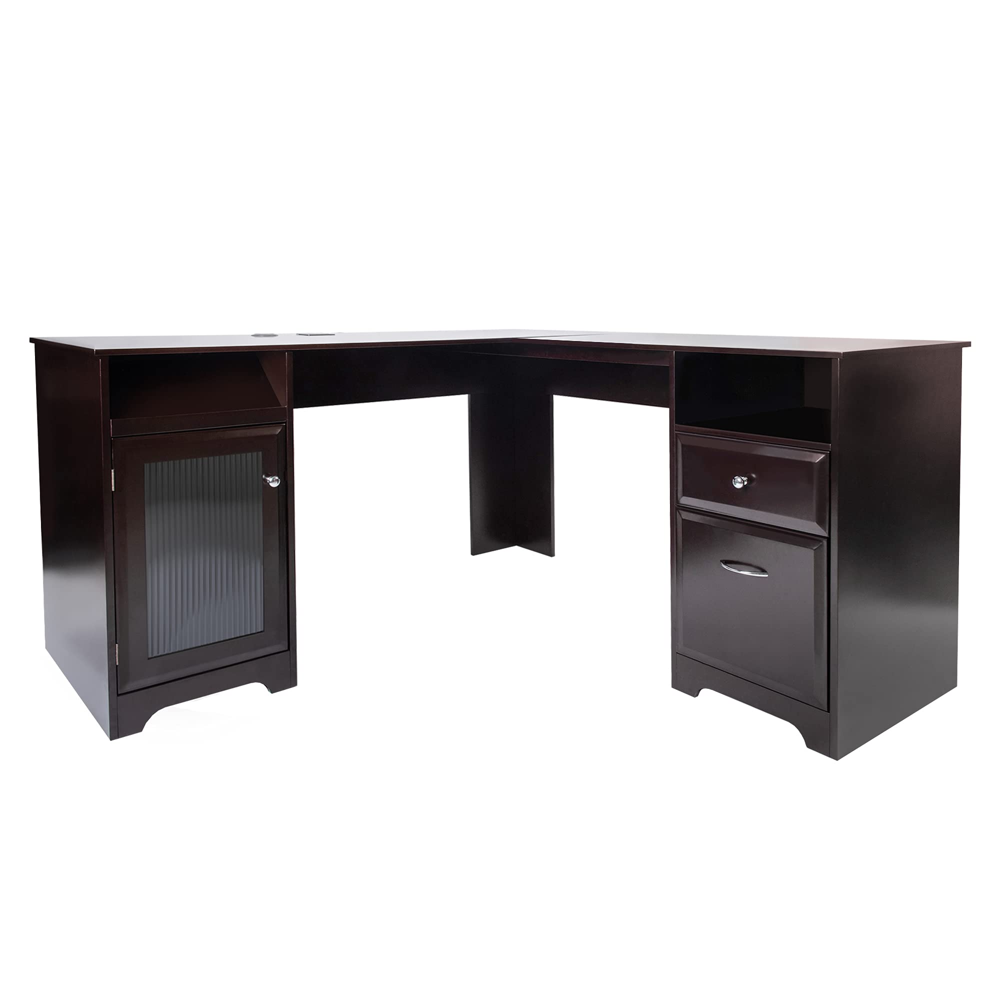 GOOD & GRACIOUS L-Shaped Desk, Home Office Corner Computer Desk with Storage Cabinet, USB Power for Modern Gaming Workstation & Study Desk with File Drawer and Extra Storage Features, Brown