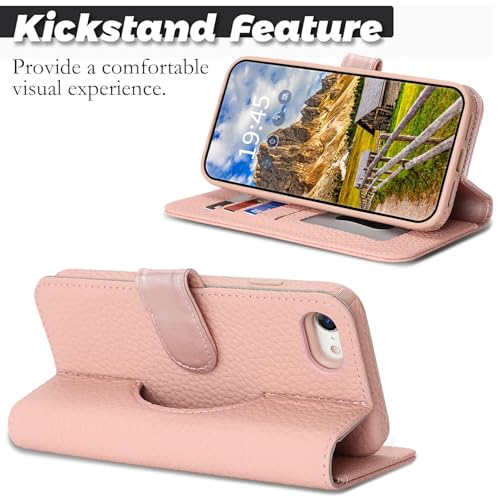 Image of Detachable Genuine Leather Case for iPhone SE 2020 / SE 2022 /7 /8 Wallet Case Magnetic 2in1 Removable Flip Cover Book Purse Compatible with Magsafe Charging Kickstand Card Holder-Pink