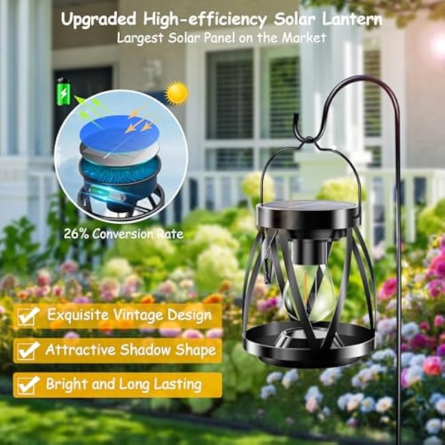 GARPAR Solar Lanterns Lights Outdoor Waterproof, 4 Pack Upgraded Metal Outdoor Lantern, Brighter Auto On/Off 18H Hanging Solar Lights for Outside Garden Yard Patio Porch Decor, Gift for Mom