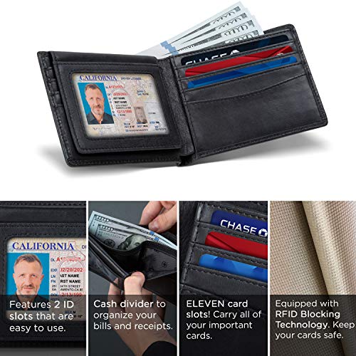 Serman Brands 2 Id Window Wallet For Men Rfid Blocking Leather, Bifold Top Flip, Extra Capacity Travel Wallet (Charcoal Black Executive) #TOP3