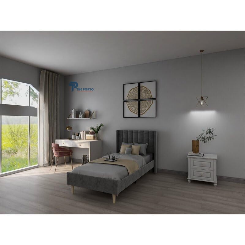 Image of Solid Wood Upholstered Single Bed for Bedroom Without Storage | Premium Fabric with Wingback Headboard | Wooden Single Bed Palang for Home | Stylish Single Cot Bed | 6 x 4 Ft, Grey