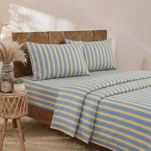 Image of Merryword Blue & Yellow Striped Sheet Set Queen Size, 100% Cotton Fitted Sheet Set with Deep Pockets, Crisp Cool Feeling, Ribbon Stripes Design, 4-Piece All Season Bedding