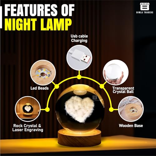 Image of 3D Love Heart Crystal Ball Night Lamp for Couple, Light Lamp with Wooden Base for Lovers, Mothers Day, Birthday (Love Heart)