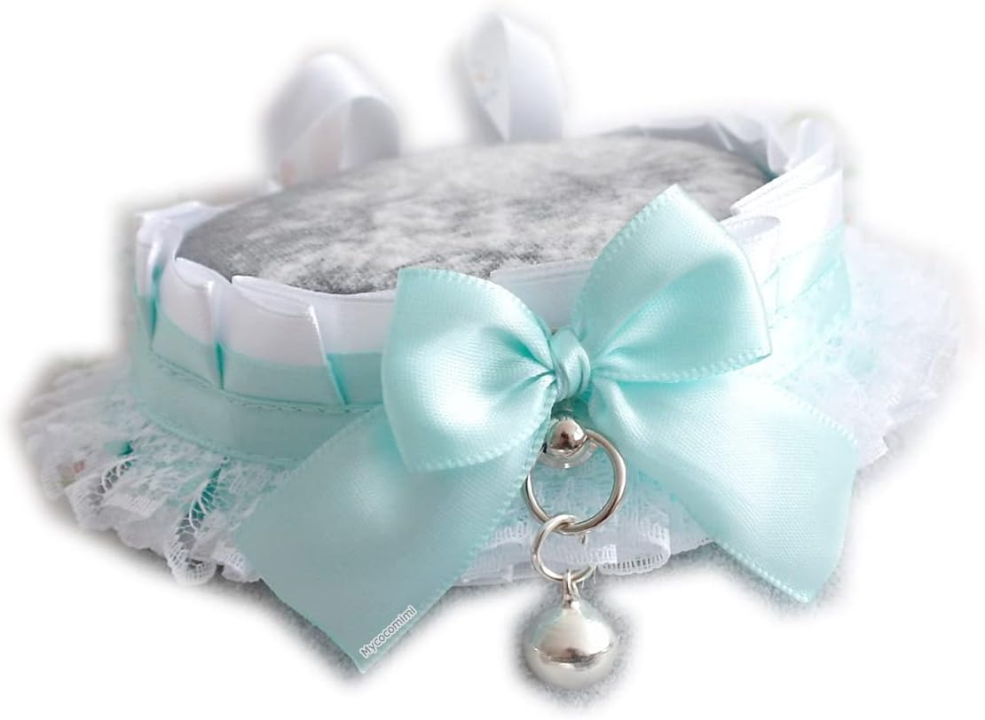 Seafoam mint green choker necklace,Kitten Play Collar,White Lace Ruffles Bow with a bell, Kawaii Princess pastel DDLG Accessories (16, green)