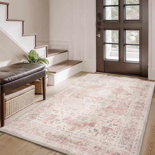 AMOAMI-3X5 Area Rug-Soft Washable Vintage Throw Accent Rugs for Living Room, Entryway, Bedroom, Kitchen, Bathroom, Laundry Room, Kitchen, Bathroom, Bedside, No Slip Pink