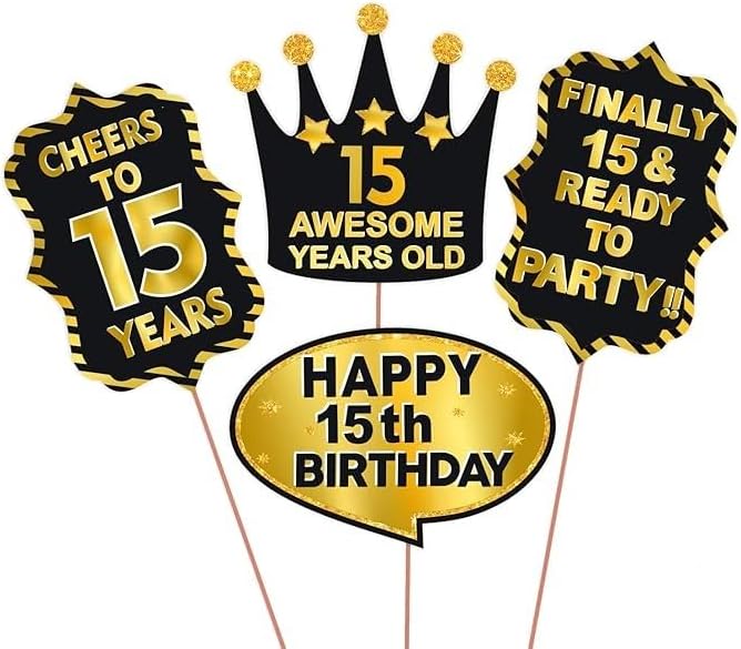Generic 15th Birthday Photo Booth Party Props, Birthday Party Decoration, Birthday Party Item (Pack of 1) Colour : Black & Golden