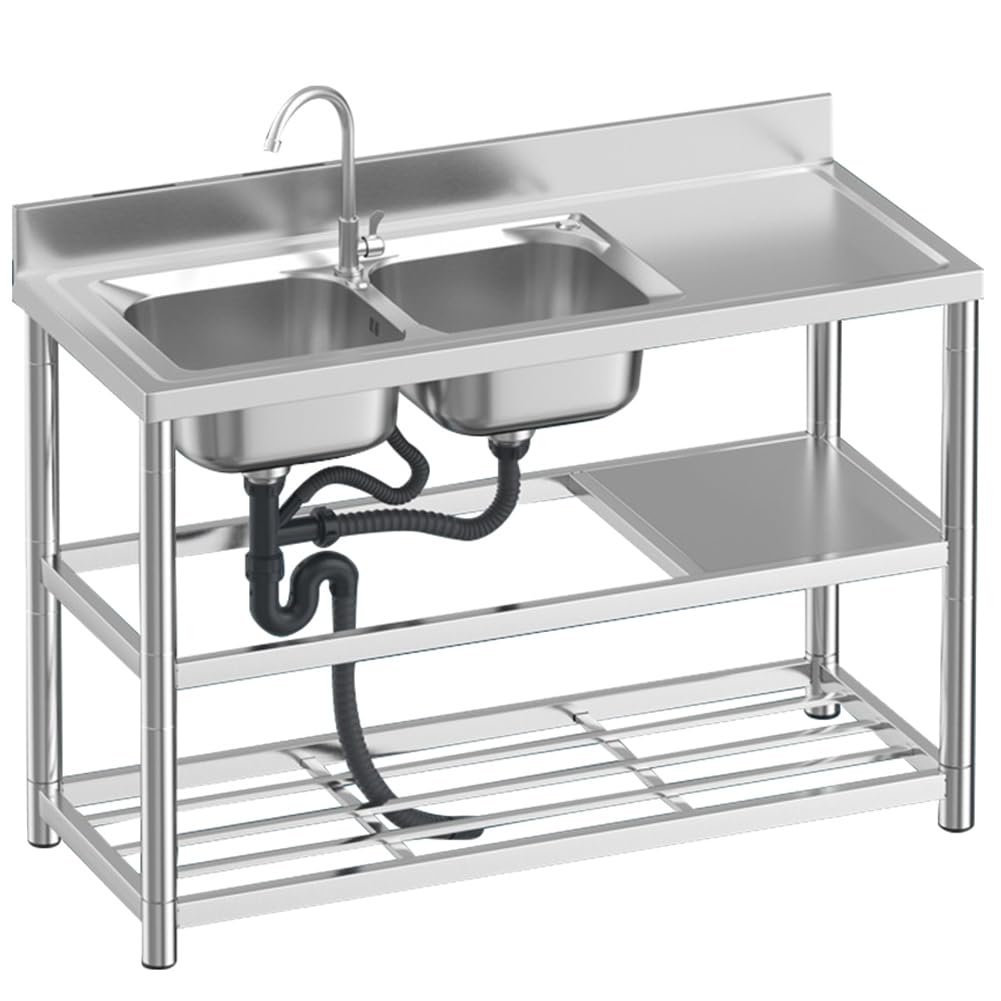 Zertylre Stainless Steel Utility Sink, Commercial Restaurant & Kitchen Sink Set, Two Bowl, 120cm
