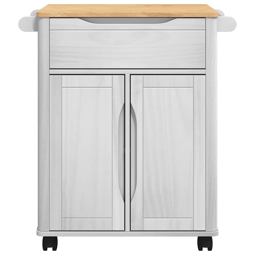 Küchentrolley Floro Weiß Massivholz Kiefer 72,5 x 45 x 80 cm mit Rollen und Schubladen, mobiler Küchenwagen für Aufbewahrung, Ablage und Organisation in Küche und Esszimmer