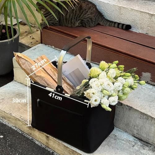 Diurwur® Faltbar Einkaufskorb mit Deckel 30L Tragekorb Groß Picknickkorb mit Stützstrebe Korb Einkaufen Praktischer Klappkorb Transportkorb mit Alurahmen - ideal für Reisen/Picknick/Einkaufen/Geschenk