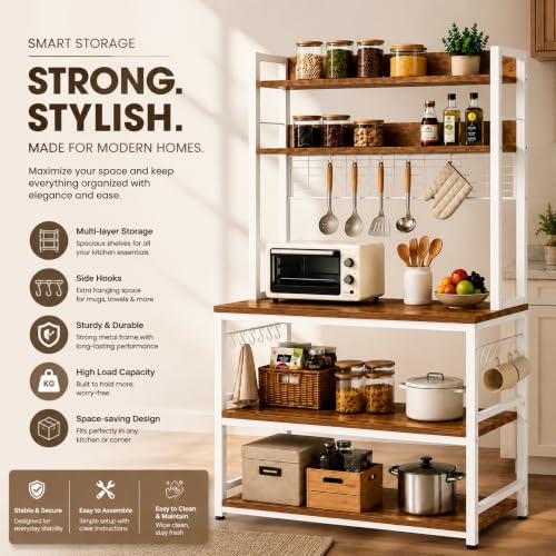 Image of 5-Tier Kitchen Organizer Rack-Multipurpose Microwave Stand for Kitchen Platform & OTG Oven-Steel Utensils Storage Shelf with Hooks - Engineered Wood & Metal Rack for Home- 100x40x170 cm - White /Brown